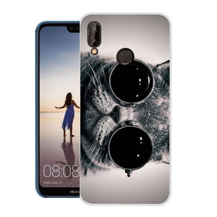 Funda Huawei P20 Lite Gel Dibujo Gato con Gafas de alta calidad.